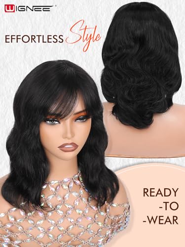 Human Hair Wigs with Bangs - 12 Inch Natural Wave Black Wig for Women