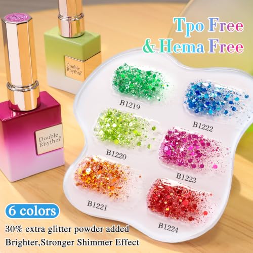 Double Rhythm Holographic Glitter Gel Nail Polish Set of 6 - Cat Eye Magnetic Full Size