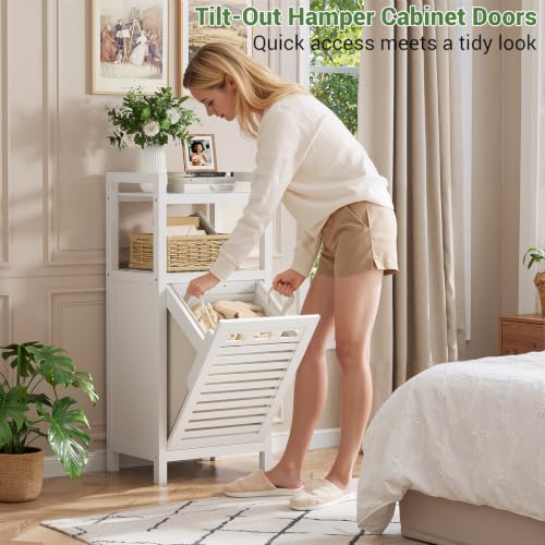 Homykic Bamboo Tilt Out Laundry Hamper Cabinet with Removable Bag - White, Space-Saving Design