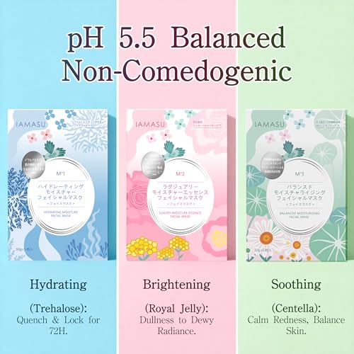 Japanese Face Mask Set, 15-Pack Hydrating Brightening Soothing Sheet Face Masks with Trehalose, Royal Jelly, Centella for Sensitive Skin, Face Mask Skin Care, All Skin Types