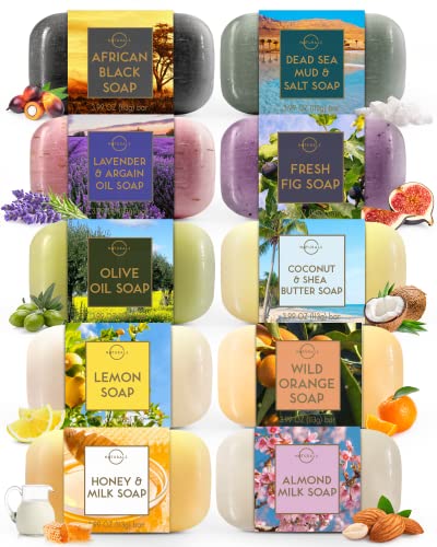 Natural Soap Bar Set - 10 Pack Gift for Women & Men, Exfoliating & Vegan