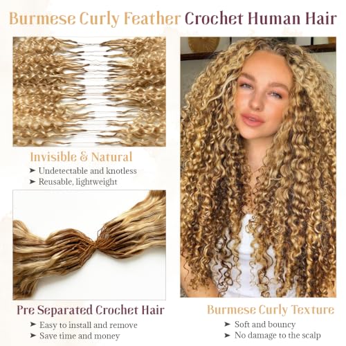 Pre-Separated Burmese Curly Crochet Hair Extensions - 22 Inch Light Blonde Highlights, Variation #27P613