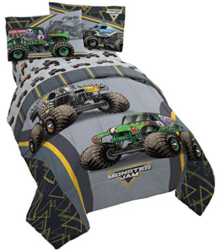 Monster Jam Kids Bed Set with Reversible Comforter and Sheets - Grave Digger Max-D Megalodon