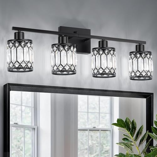 Black 4-Light Modern Crystal Bathroom Vanity Wall Light Fixture - ETL Certified