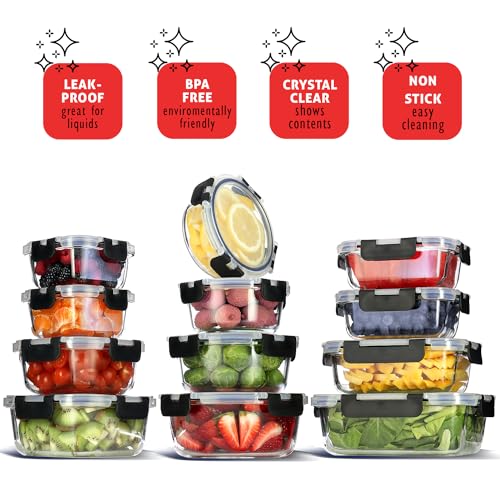 Black Glass Food Storage Containers Set - 24 Pack with Airtight Lids, Meal Prep & Freezer Safe