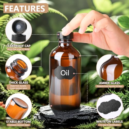 8 oz Amber Glass Boston Round Bottles Pack of 12 with Black Poly Cap - Homemade Extract & Essential Oil Storage