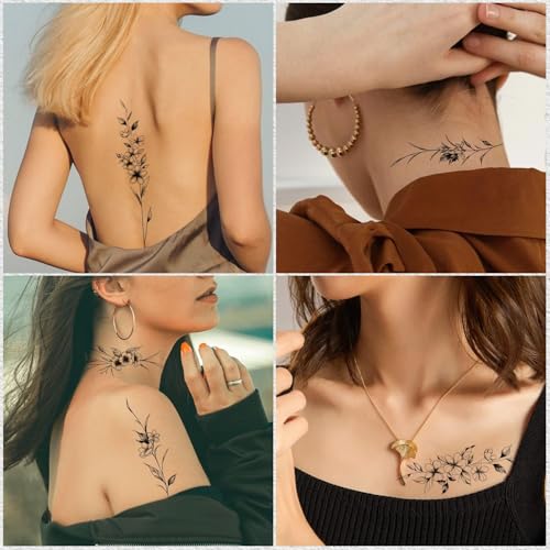 Leesgel Temporary Tattoos Women, 12 Sheets Long Flowers Vine Leaves Plant Tattoo for Women Adults, Black Semi Permanent Personality Waist Arm Foot Stick on Tattoos Stickers