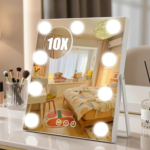 Vanity Mirror with Lights, 16"¡¿10" Hollywood Makeup Mirror with 9 Dimmable Bulbs, 3000mAH Battery, 3-Color Lighting, Dimmable, 360¡Æ Rotation, 10x Magnification, Desk Mirror, Bedroom (White)