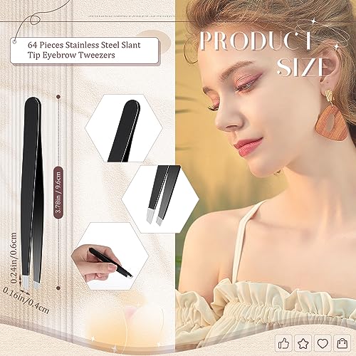 Lasnten 64 Pieces Eyebrow Tweezers for Women Men Slanted Precision Stainless Steel Tweezers Facial Hair Removal Ingrown Hair Eyelash Extension Plucking Blackhead(Black)