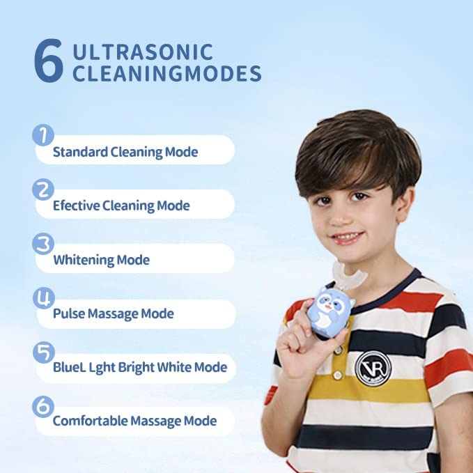 Kids Electric U-Shaped Sonic Toothbrush - Blue Raccoon, 59S Timer, Age 8-15