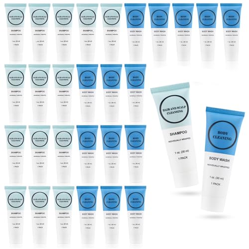 Travel Size Shampoo and Body Wash Bulk, Individually Wrapped Hotel Mini Shower Gel and Small Men Women Cleansing Toiletries Amenities for Hotel/Vacation/Homeless 1 oz (3.7inch, Count, 100)