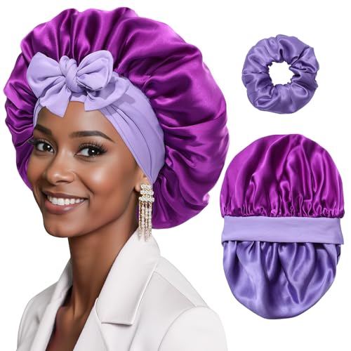 2 Pack Reversible Mulberry Silk Sleep Bonnet for Women - Dark Purple + Light Purple
