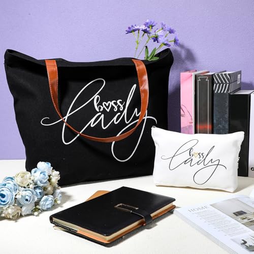 Sieral 2 Pcs Boss Lady Gift Bosses Day Lady Tote Bag with Zipper Makeup Bag Appreciation Gifts for Women Female Leader Coworker Colleague Birthday