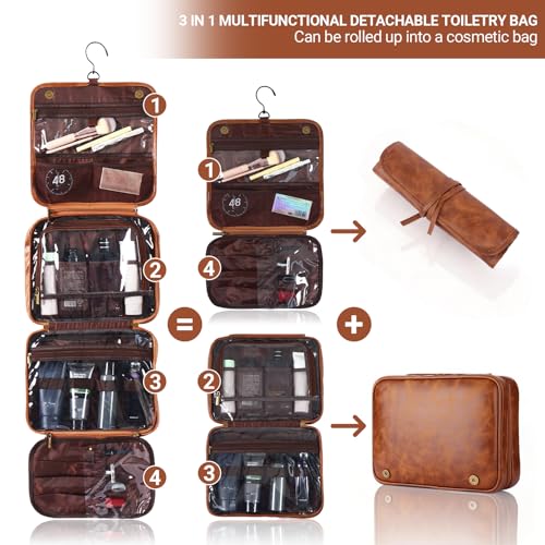 Personalized Hanging Travel Toiletry Bag for Men - Light Brown, Initial E, Large Organizer & Dopp Kit with Water-Resistant Compartments