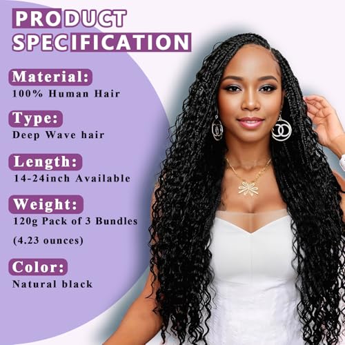 Deep Wave Human Braiding Hair 24 Inch - Natural Black 120g Boho Bundle