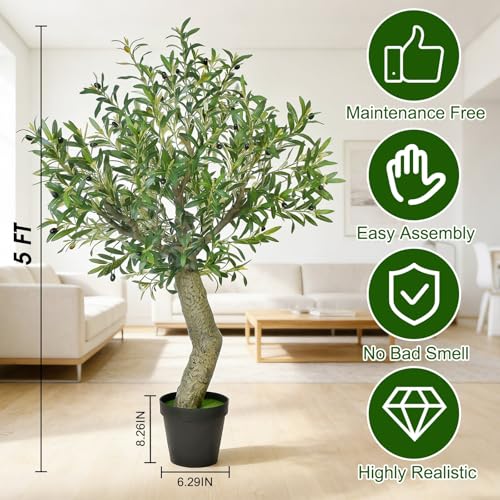 5 Ft Artificial Olive Tree - Realistic Indoor Faux Plant with Fruits