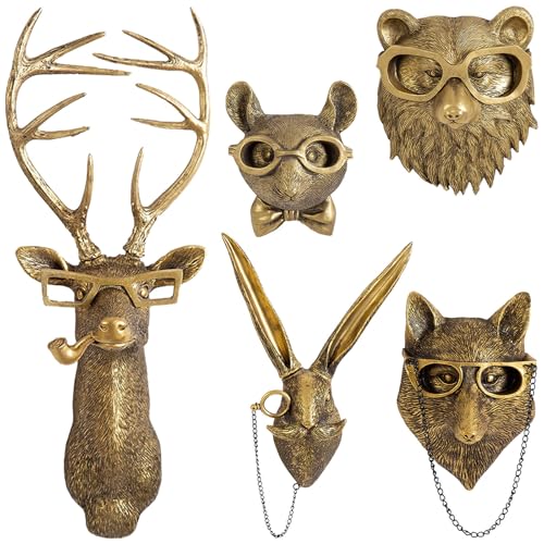 GUASDIE 5PCS Animal Heads Wall Decor Set, Gold Faux Deer & Rabbit Sculptures
