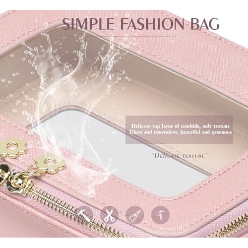 Waterproof Cosmetic Bag with Makeup Brush Bag, Leather Travel Makeup Bag with handle, Crossbody Shoulder Bag with metal detachable shoulder strap for Women (pearl pink)