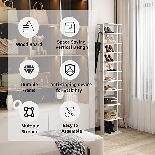 White 11.02 x 11.02 x 62.2 Inch 10-Tier Vertical Shoe Rack with Hooks