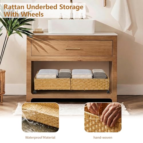 Gvztxoe 2-Pack Large Under Bed Storage Containers with Wheels, Handwoven Rattan Bins for Clothes & Bedding
