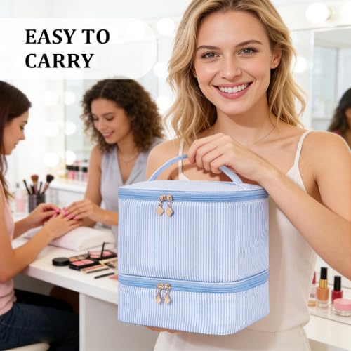 Cohawk Blue Stripes Nail Polish Organizer Bag Holds 30 Bottles, 2 Layers Travel Case