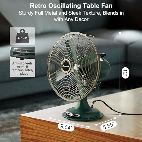 AMACOOL Vintage Metal Oscillating Fan - Dark Green Retro Tabletop Fan