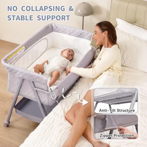 Adjustable Baby Bassinet Bedside Sleeper with Wheels & Mattress - Grey