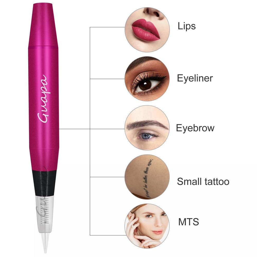 Portable Tattoo Machine Pen Eyebrow Lip Permanent Makeup Pen with 1R 3R Cartridge Needles for Ombre Brows Body Tattoo (Red Machine Kit)