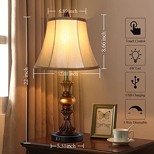 Bronze Touch Control Vintage Bedside Table Lamp Set of 2 with Dual USB Ports and 3-Way Dimming