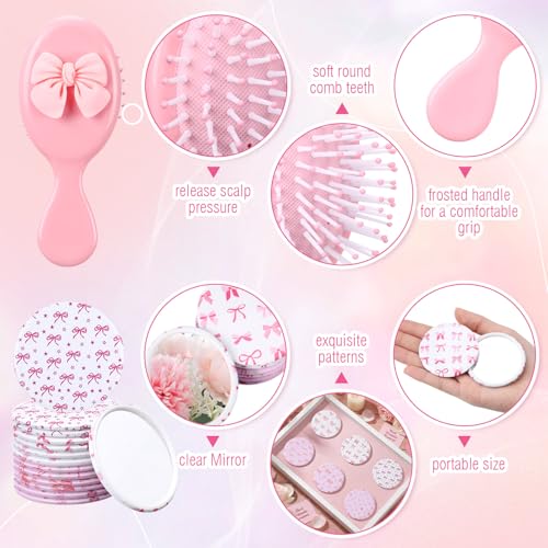 96 Pcs Coquette Bow Party Favors for Women Bow Compact Mirrors Mini Hair Brush Scrunchies Ties Organza Bags Thank You Gift Baby Shower Supplies