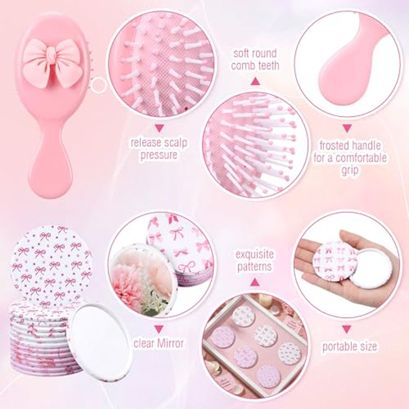 96 Pcs Coquette Bow Party Favors for Women Bow Compact Mirrors Mini Hair Brush Scrunchies Ties Organza Bags Thank You Gift Baby Shower Supplies