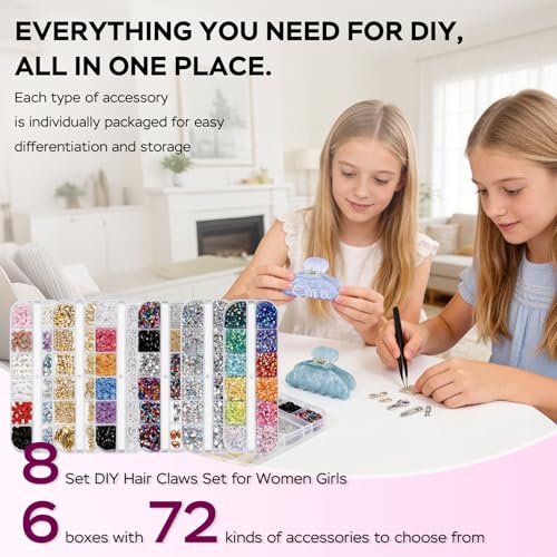 DIY Hair Claw Clips Kit with Decorative Accessories - 8 Acrylic Clamps & Craft Supplies