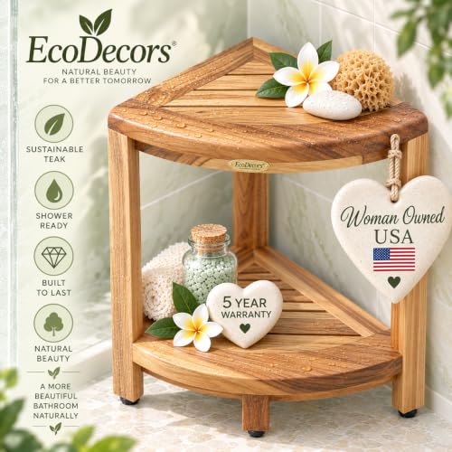 Corner Shower Stool with Shelf - Solid Teak 2-Tier Teak Shower Corner Shelf