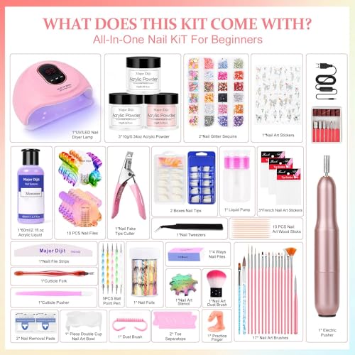 Major Dijit Acrylic Nail Kit Starter Set for Beginners - Clear, White, Nude
