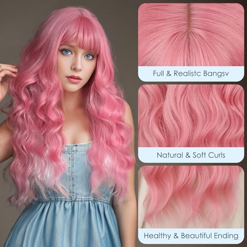 Pink Wavy Wig with Bangs - 26 Inch Long Curly Synthetic Wig for Women Girls - Variation: Pink