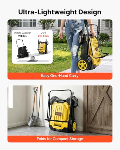 VEVOR Walk-Behind Hand Push Floor Sweeper - Yellow, 25.6-Inch Sweeping Width, 5-Gallon Waste Container, Adjustable Folding Handle