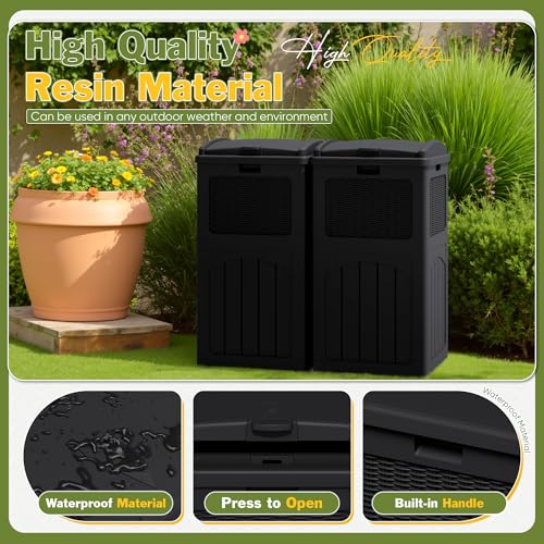 Greesum 33 Gallon Outdoor Waterproof Resin Trash Can with Lid - 2 Pack, Black