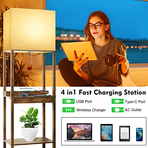 RUNTOP Upgraded Floor Lamp with Shelves and Wireless Charger - Brown with Drawer & USB Ports