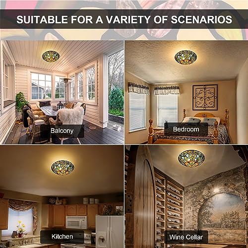 ARTZONE Tiffany Ceiling Light 12 Inch Stained Glass Flush Mount Fixture for Bedroom & Living Room