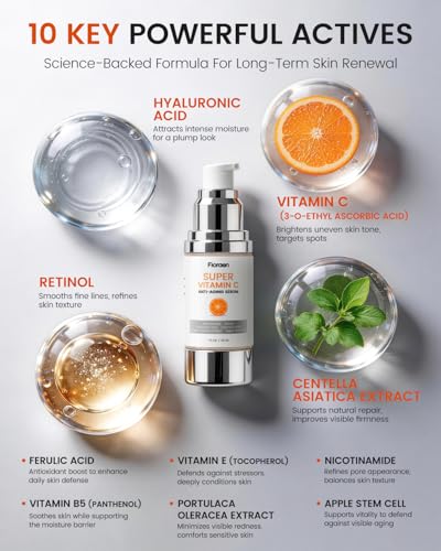 Fioraen Super C Serum for Mature Skin 2 Fl Oz All-in-One Vitamin C with Retinol & Hyaluronic Acid