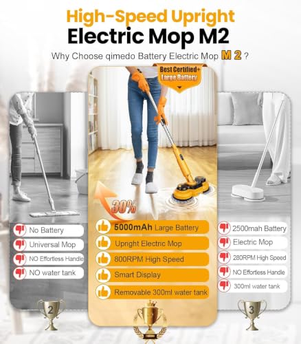 Electric Spin Mop M2 - 5000mAh Battery, 110-Minute Runtime, 800RPM Cordless Floor Cleaner - Yellow, 44.09-Inch Handle