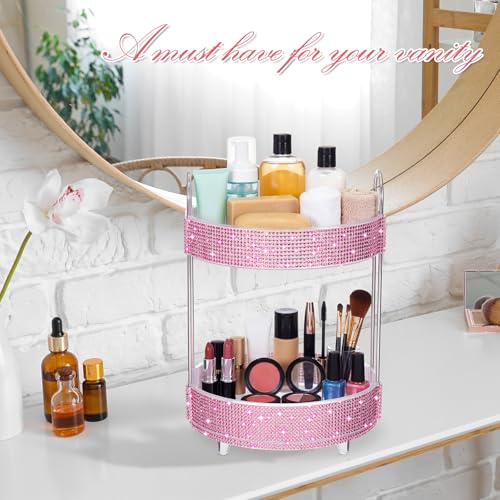 Honeydak 360 Rotating Perfume Organizer Rhinestone Bathroom Counter Organizer Makeup Holder with 2 Tiers Skincare and Perfume Storage, Vanity Storage for Cosmetic Countertop Decor (Pink)