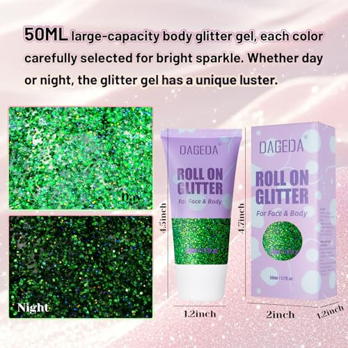DAGEDA Green Roll-on Body Glitter,Holographic Face Hair Glitter Gel for St Patricks Day Accessories,Green Body Shimmer Makeup Carnival Accessories for Girls Women 50ml