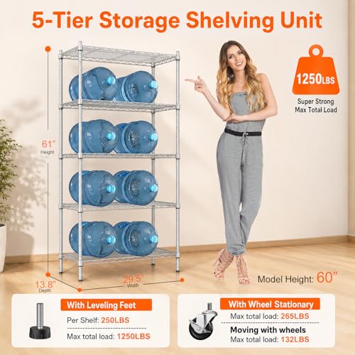 UEAKPIC 5-Tier Wire Shelving Unit Silver-Gray 29.5" W x 13.8" D x 61" H - Heavy Duty Metal Storage Rack with Wheels & Adjustable Shelves
