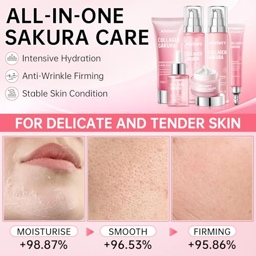 6Pcs Sakura Skin Care Set - Cherry Blossom Face Cleanser, Serum, Toner, Lotion, Eye & Face Cream