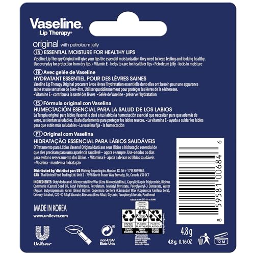 Vaseline Lip Therapy Original 8-Pack ? Lip Moisturizer for Dry, Cracked Lips, 0.16 Oz Ea
