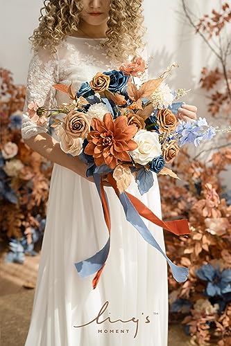 Orange & Navy Blue Bridal Bouquet - Small Freeform Wedding Flowers with Pearls & Crystals