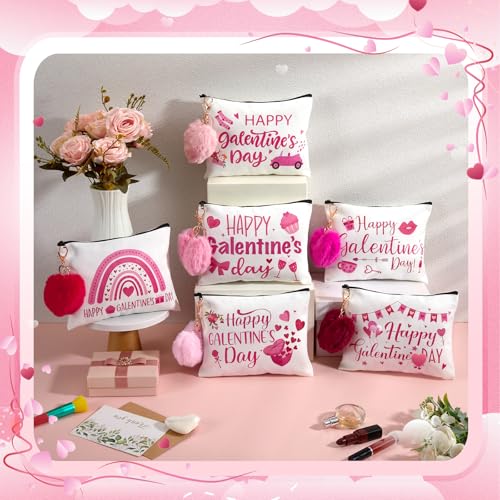 12 Sets Galentine's Day Makeup Bags & Heart Keychains Gift Set - Pink Plush Hearts