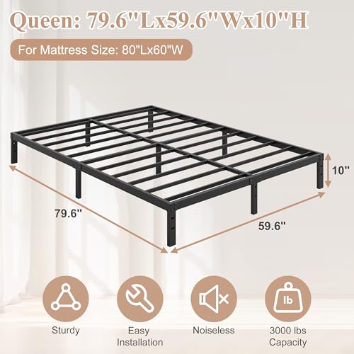 Queen Size Bed Frame - 10 Inch Platform Bed No Box Spring Needed - Noise-Free, Heavy Duty Steel Support