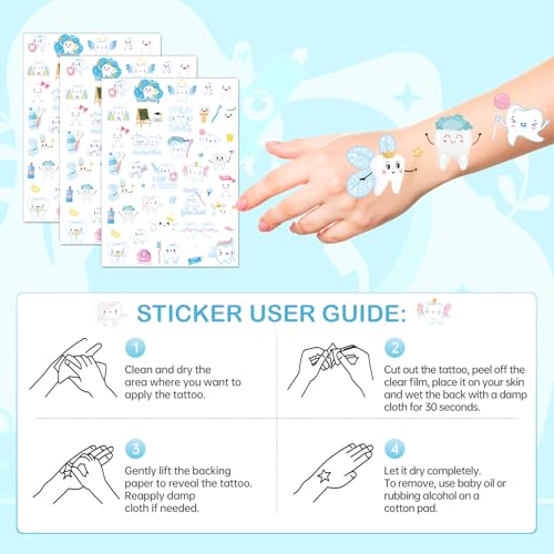 Dental Tooth Temporary Tattoos Stickers - 8 Sheets 280 Pcs Cute Cartoon Teeth Fairy Gifts One's First Teeth Tattoo Sticker for Kids Funny Dentist Party Decorations Hospital Doctor Prizes Rewards